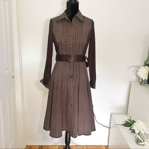 VINTAGE BROWN DRESS WITH BELTED A LINE DRESS 9 L